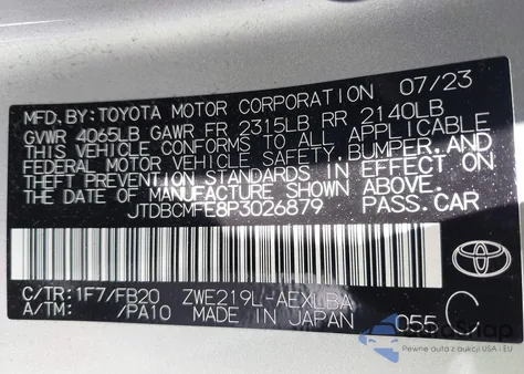 2023 Toyota Corolla Hybrid Le из США, поврежденный, VIN JTDBCMFE8P3026879